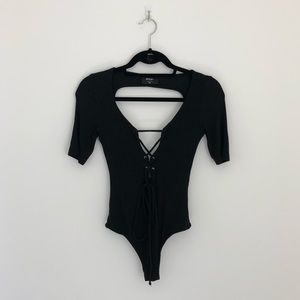 Nasty Gal Open Back Lace-Up Ribbed Leotard